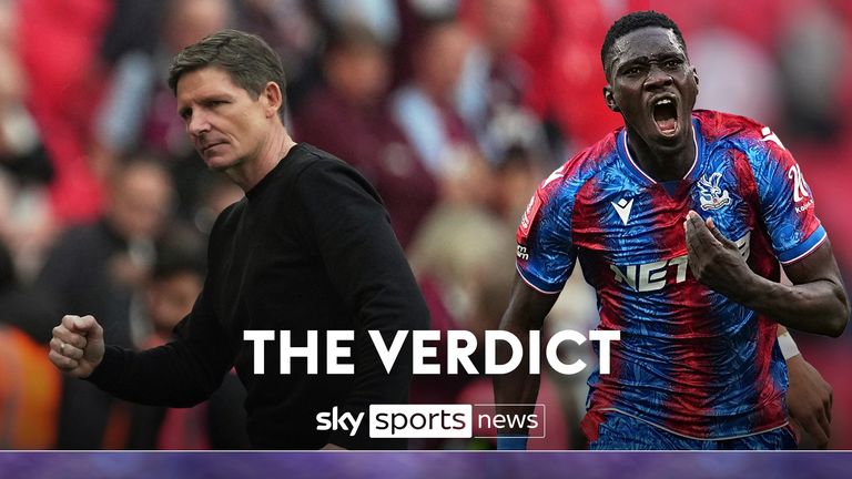 Crystal Palace's head coach Oliver Glasner reacts at the end of the English FA Cup semifinal soccer match between Crystal Palace and Aston Villa at the Wembley stadium in London, Saturday, April 26, 2025. 