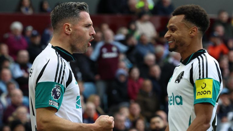 Fabian Schar celebrates after heading Newcastle level at Villa Park