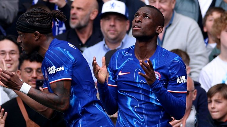 Nicolas Jackson celebrates after giving Chelsea the lead against Everton