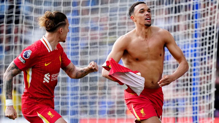 Trent Alexander-Arnold celebrates after giving Liverpool the lead at Leicester
