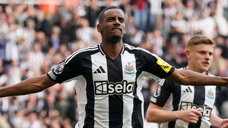 Alexander Isak celebrates after scoring Newcastle's opening goal against Ipswich from the penalty spot