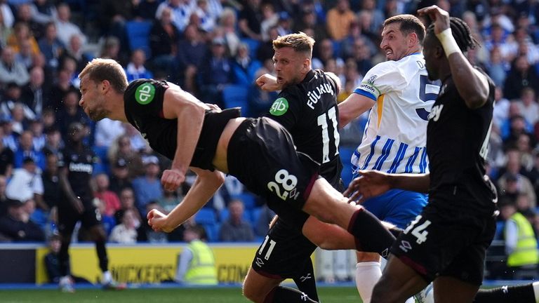 Tomas Soucek heads West Ham into the lead at Brighton