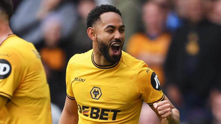 Matheus Cunha celebrates after giving Wolves the lead against Leicester
