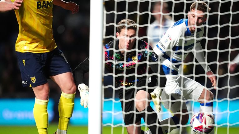 Queens Park Rangers score their side's second goal of the game, scored by Oxford United's Ole Romeny