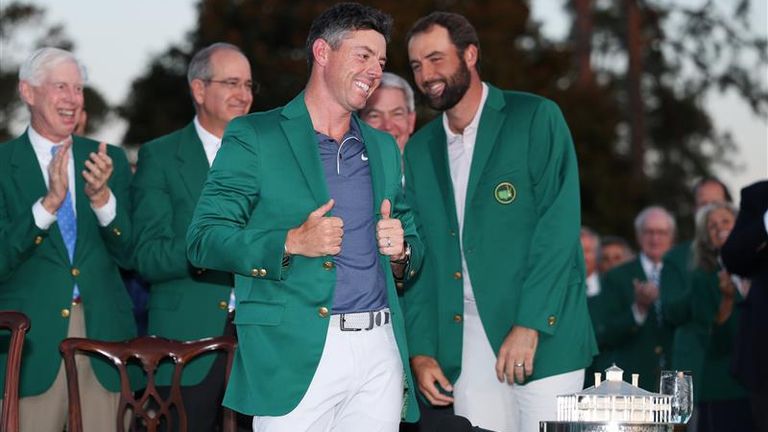Rory McIlroy celebrates winning The Masters.
