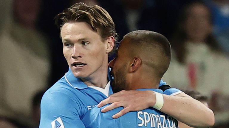 Napoli's Scott McTominay, second right, celebrates after scoring the opening goal during the Serie A soccer match between Napoli and Torino FC in Naples, Italy, Sunday, April 27, 2025. (Alessandro Garofalo/LaPresse via AP)