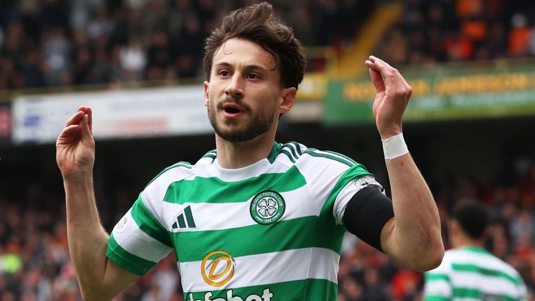 Nicolas Kuhn celebrates after doubling Celtic's lead at Dundee United
