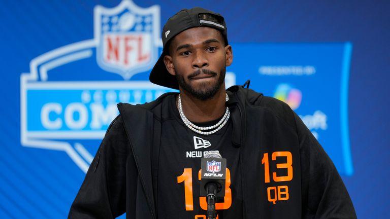 Colorado quarterback Shedeur Sanders speaks during a press conference at the NFL football scouting combine Friday, Feb. 28, 2025, in Indianapolis. (AP Photo/George Walker IV, File)