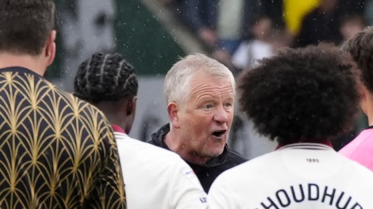 Sheffield United manager Chris Wilder speaks to the players following defeat to Plymouth Argyle after the Sky Bet Championship match at Home Park, Plymouth. Picture date: Saturday April 12, 2025.