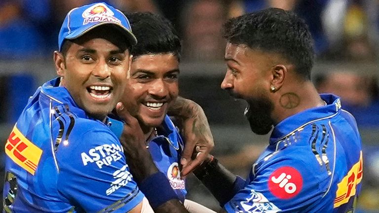 Mumbai Indians' Hardik Pandya (right), Suryakumar Yadav (left) and Ashwani Kumar (centre) in Indian Premier League (Associated Press)