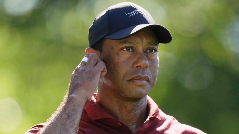 FILE -  Tiger Woods walks to the green on the fifth hole during final round at the Masters golf tournament at Augusta National Golf Club Sunday, April 14, 2024, in Augusta, Ga. (AP Photo/Charlie Riedel, File) 
