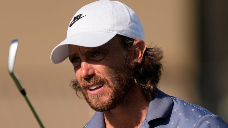 Tommy Fleetwood, of England, hits from the 17th tee during the third round of the RBC Heritage golf tournament, Saturday, April 19, 2025, in Hilton Head Island, S.C. (AP Photo/Mike Stewart) 