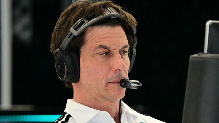 Mercedes F1 CEO and team principal Toto Wolff watches from the garage during the first practice session of the 2025 Saudi Arabia Formula One Grand Prix at the Jeddah Corniche Circuit on April 18, 2025. (Photo by Giuseppe CACACE / AFP)