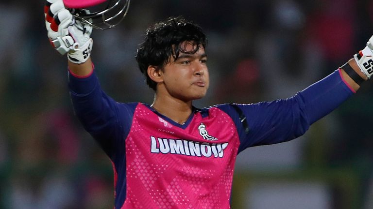 Rajasthan Royals' Vaibhav Suryavanshi celebrates after scoring a century during the Indian Premier League cricket match between Rajasthan Royals and Gujarat Titans at Sawai Mansingh Stadium in Jaipur, India, Monday, April 28, 2025. (AP Photo/Surjeet Yadav)