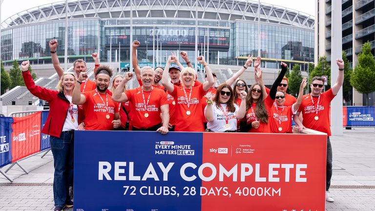 A group of walkers representing Queens Park Rangers arrive at Wembley on the final leg of the Sky Bet EFL Every Minute Matters Relay. The Relay event, organised by EFL title sponsor Sky Bet in support of the British Heart Foundation, passes each of the 72 EFL clubs en route to Wembley, attempting to inspire 270,000 football fans to begin learning CPR - Mandatory by-line: Juan Gasparini/JMP - 21/04/2025 - Wembley Stadium - London, England - Sky Bet Every Minute Matters EFL Relay