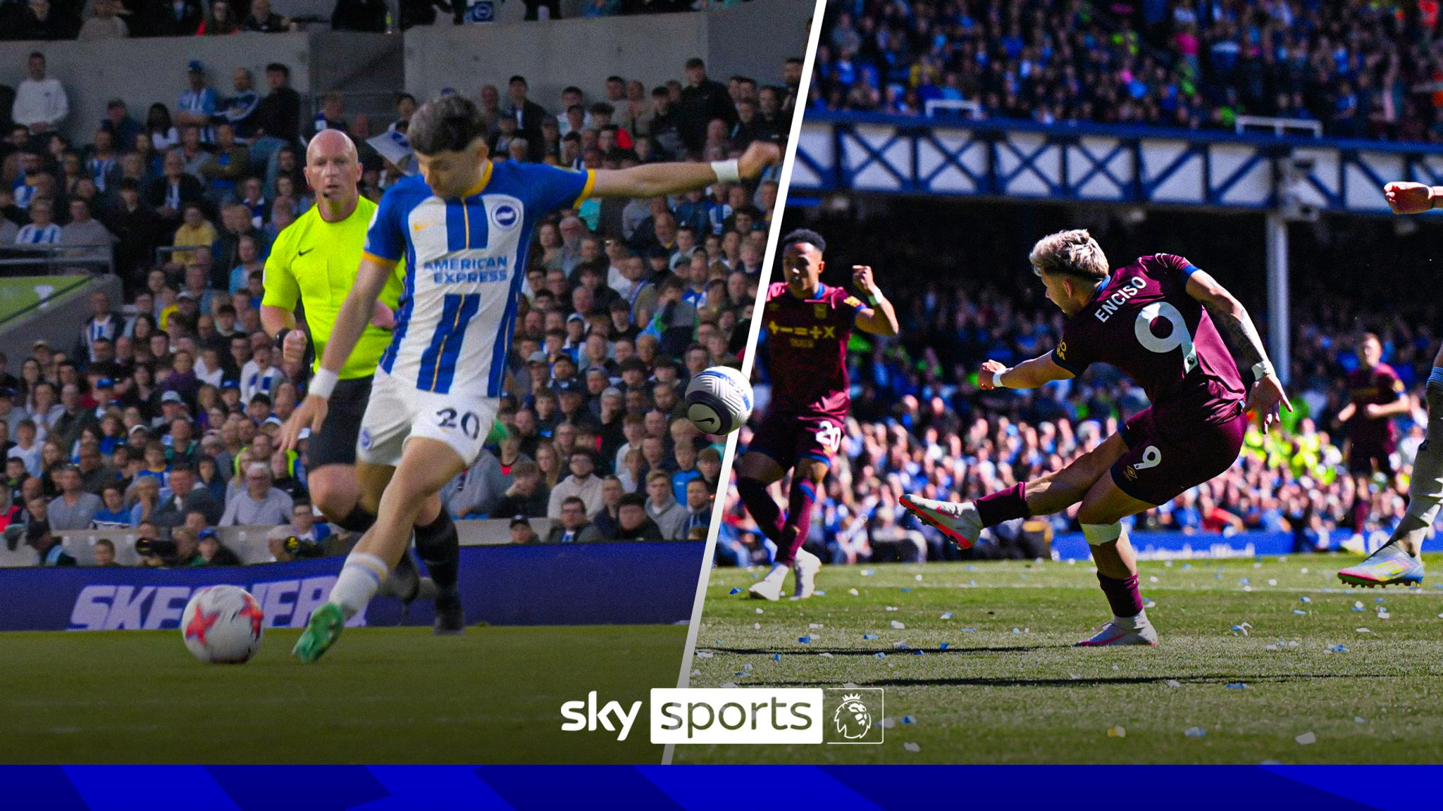 A side-by-side look at Julio Enciso's latest stunning strike, compared with  his goal of the season winner against Manchester City for Brighton in May  2023.