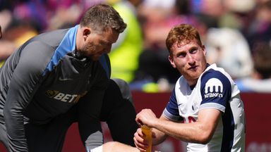 Tottenham Hotspur's Dejan Kulusevski receives treatment during the Premier League match at Tottenham Hotspur Stadium, London. Picture date: Sunday May 11, 2025