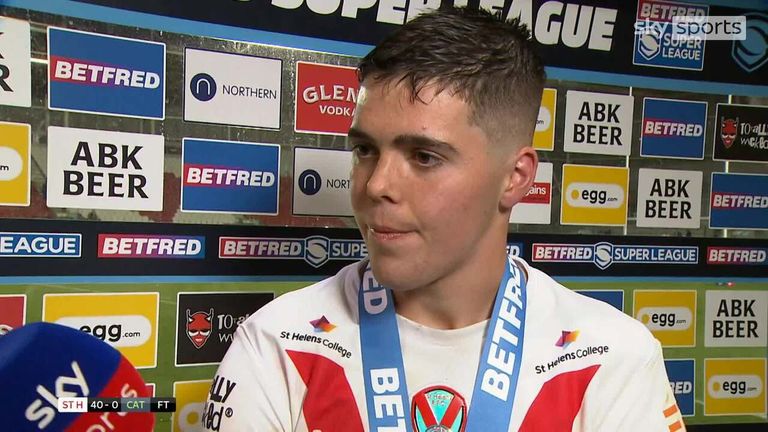 Whitby gives his reaction after scoring three tries for St Helens against the Dragons