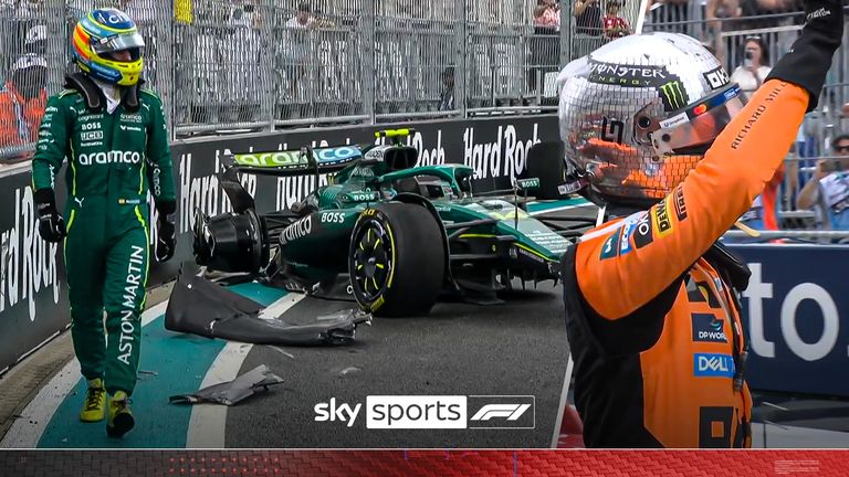Lando Norris wins the Miami GP Sprint in a chaotic conclusion after Fernando Alonso crashed into the wall, causing a safety car.