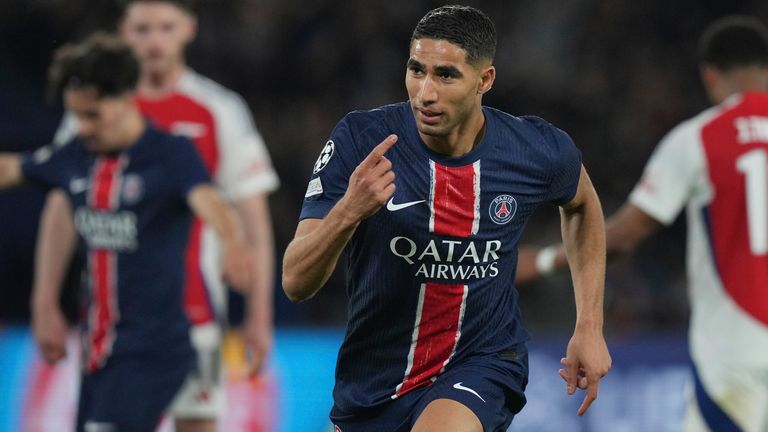 PSG's Achraf Hakimi runs to celebrate after scoring his sides second goal during the Champions League semifinal, second leg soccer match between Paris Saint-Germain and Arsenal at the Parc des Princes in Paris, Wednesday, May 7, 2025. (AP Photo/Thibault Camus)