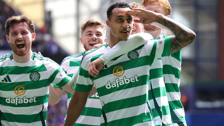 Adam Idah celebrates his equaliser for Celtic at Rangers
