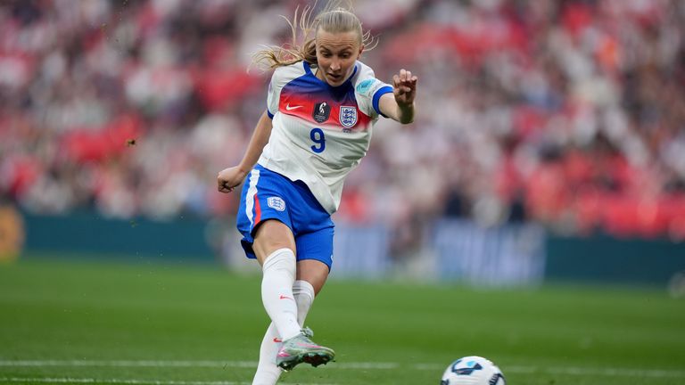 Aggie Beever-Jones scores England's opening goal against Portugal in the Women's Nations League