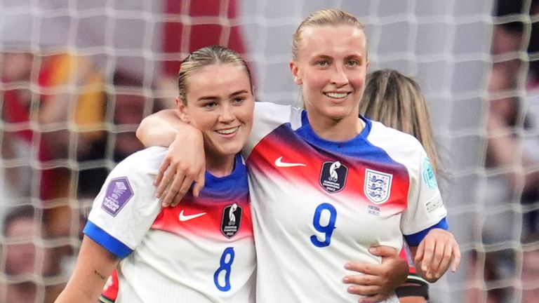 England's Aggie Beever-Jones (right) celebrates with Grace Clinton after completing her hat-trick against Portugal