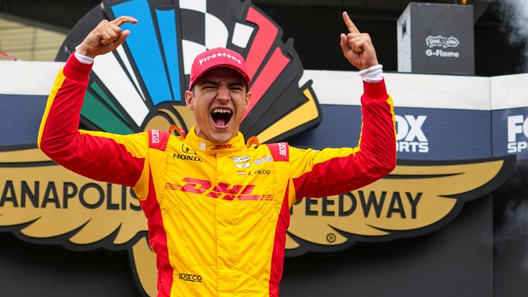Alex Palou from Spain's Slavs after winning the Indianapolis 500 automatic race on Speedway Indianapolis Motor Speedway in Indianapolis, on Sunday, May 25, 2025 (AP Photo/Michael Conroy)