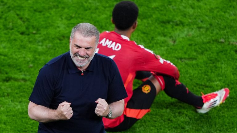 Ange Postecoglou celebrates at full-time as Tottenham win the Europa League
