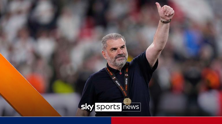 Tottenham's head coach Ange Postecoglou applauds fans at the end of the Europa League final soccer match between Tottenham Hotspur and Manchester United at the San Mames Stadium in Bilbao, Spain, Wednesday, May 21, 2025. 