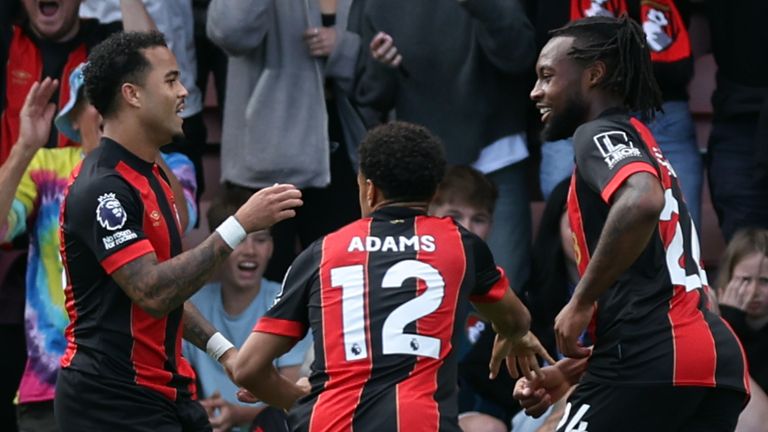 Bournemouth's Antoine Semenyo (right) celebrates with team-mates after scorin