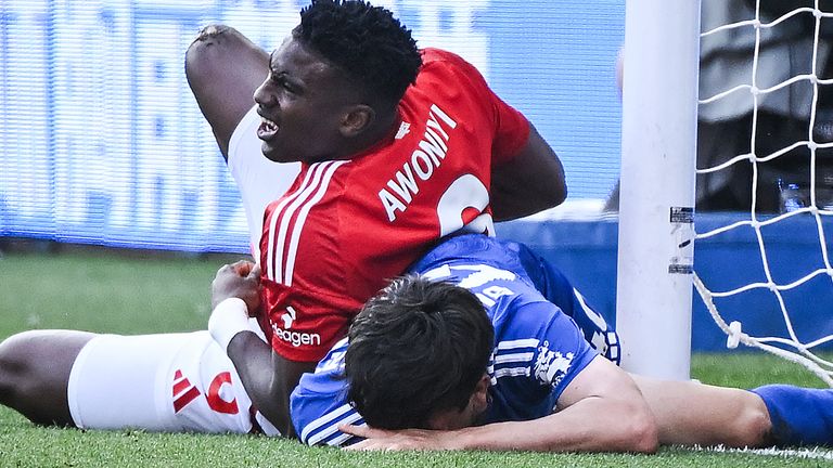Taiwo Awoniyi was injured after colliding with the post in the final stages of Forest's 2-2 draw with Leicester 