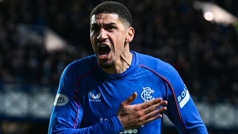 GLASGOW, SCOTLAND - JANUARY 15: Rangers' Leon Balogun celebrates scoring to make it 2-0 during a William Hill Premiership match between Rangers and Aberdeen at Ibrox Stadium, on January 15, 2025, in Glasgow, Scotland.  (Photo by Rob Casey / SNS Group)