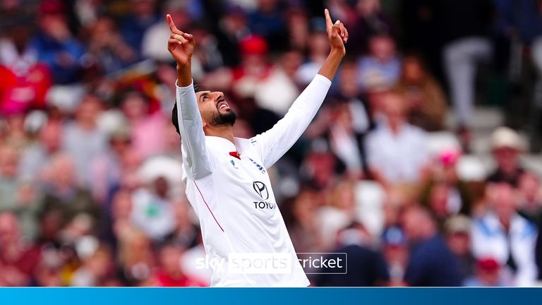 England's Shoaib Bashir celebrates taking the wicket of Zimbabwe's Sikandar Raza on day three of the Rothesay International test match at Trent Bridge, Nottingham. Picture date: Saturday May 24, 2025.

