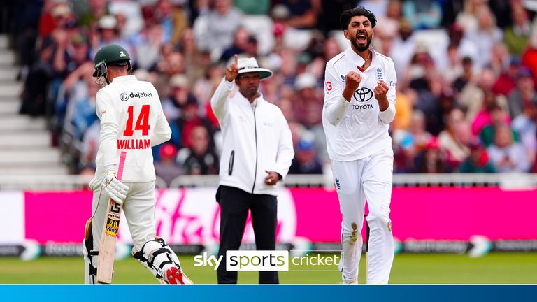 England's Shoaib Bashir celebrates taking the wicket of Zimbabwe's Sean Williams on day three of the Rothesay International test match at Trent Bridge, Nottingham. Picture date: Saturday May 24, 2025.
