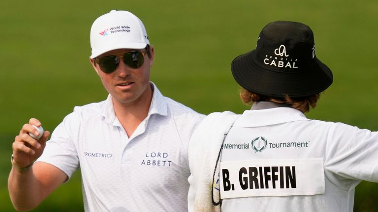 Ben Griffin gestures after his putt on the ninth green during the third round of the Memorial golf tournament Saturday, May 31, 2025, in Dublin, Ohio. (AP Photo/Sue Ogrocki)