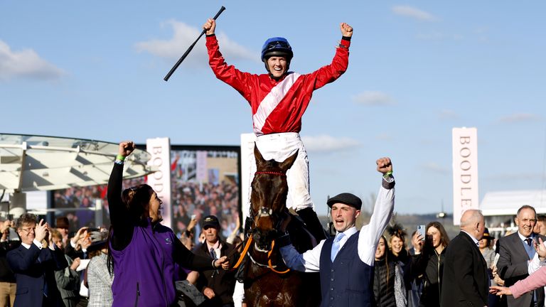 Rachael Blackmore enters the winner's housing on board Plus Tard after winning the Golden Cup 2022.