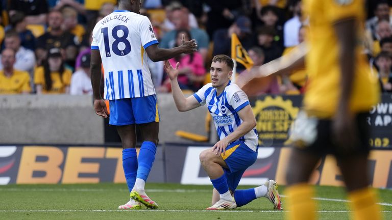 Brajan Gruda celebrates scoring Brighton's second goal