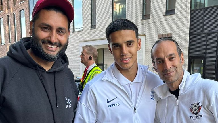 Birmingham City's Brandon Khela flanked by South Asians in Football Team of the Season co-curators Dev Trehan (R) and Zohaib Rashid (L)