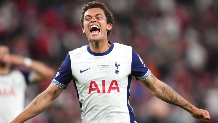 Tottenham Hotspur's Brennan Johnson celebrates following the UEFA Europa League final at the Estadio de San Mames in Bilbao, Spain. Picture date: Wednesday May 21, 2025.