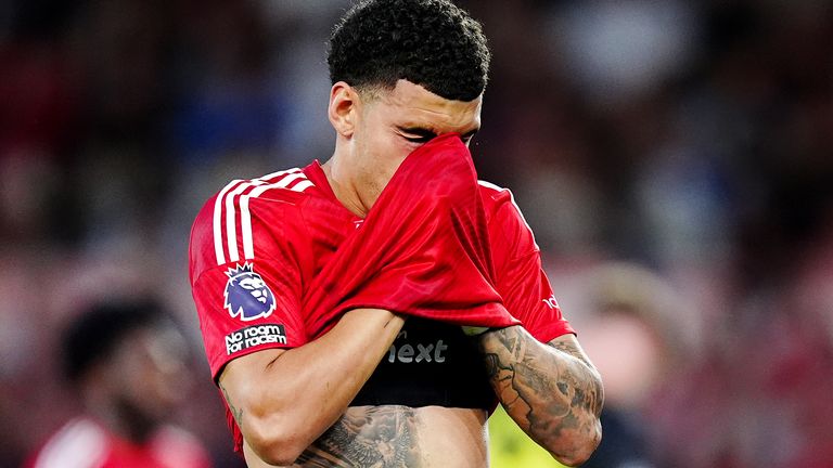 Morgan Gibbs-White reacts to going behind to Brentford