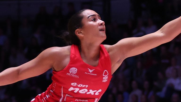 Brie Grierson in action during the 2025 Netball Super Cup group stage match between Nottingham Forest and Birmingham Panthers