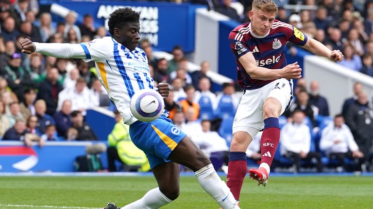 Harvey Barnes takes aim with a shot for Newcastle against Brighton