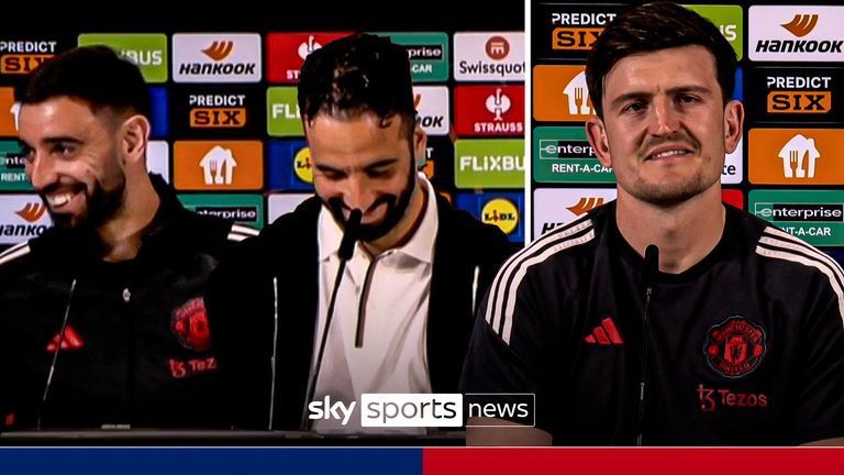Bruno Fernandes, Ruben Amorim and Harry Maguire at the Manchester United press conference