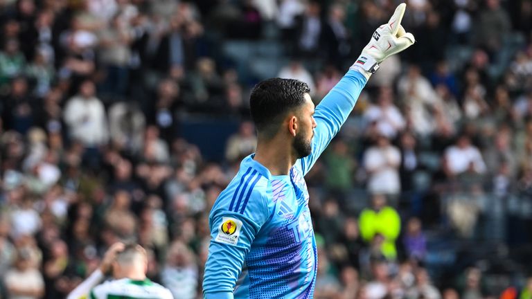Aberdeen goalkeeper Dimitar Mitov celebrates beating Celtic