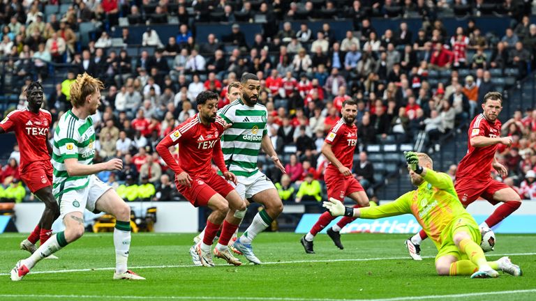 GLASGOW, SCOTLAND - MAY 24: A cross by Aberdeen's Shayden Morris is turned into his own net by Celtic goalkeeper Kasper Schmeichel to make it 1-1 during the Scottish Gas Men's Scottish Cup Final between Aberdeen and Celtic at Hampden Park, on May 24, 2025, in Glasgow, Scotland (Photo by Rob Casey / SNS Group)