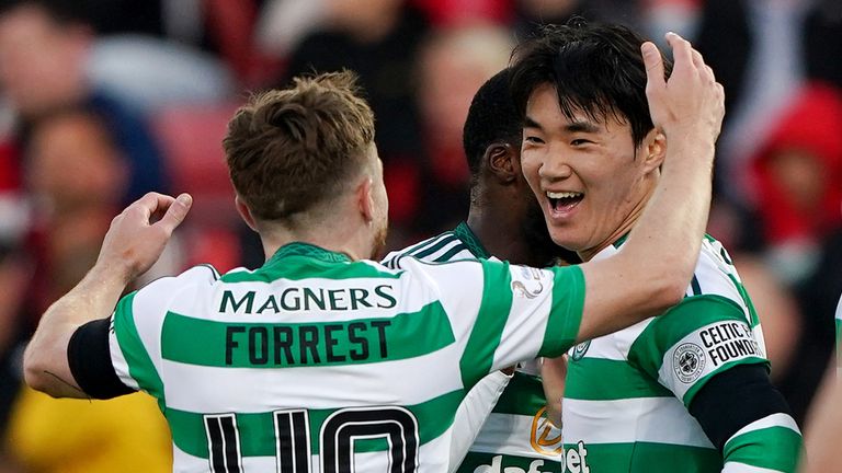 Celtic's Hyun-Jun Yang celebrates with team-mates after scoring against Aberdeen