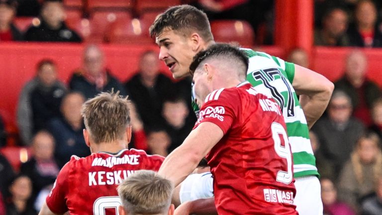 ABERDEEN, SCOTLAND - MAY 14: Celtic's Maik Nawrocki scores to make it 1-0 during a William Hill Premieship match between Aberdeen and Celtic at Pittodrie Stadium, on May 14, 2025, in Aberdeen, Scotland. (Photo by Paul Devlin / SNS Group)