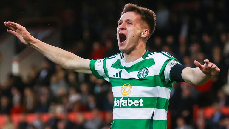 ABERDEEN, SCOTLAND - MAY 14: Celtic's Johnny Kenny celebrates scoring to make it 4-1 during a William Hill Premieship match between Aberdeen and Celtic at Pittodrie Stadium, on May 14, 2025, in Aberdeen, Scotland. (Photo by Craig Williamson / SNS Group)