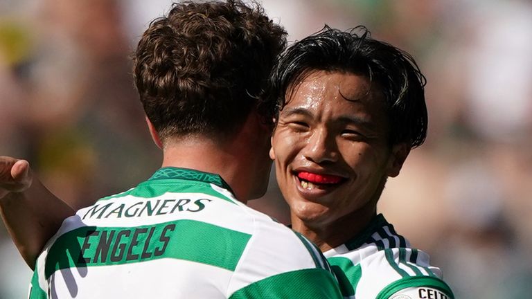 Celtic's Reo Hatate celebrates with team mates after scoring his sides third goal with Arne Engels during the William Hill Premiership match at Celtic Park, Glasgow. Picture date: Saturday May 10, 2025.